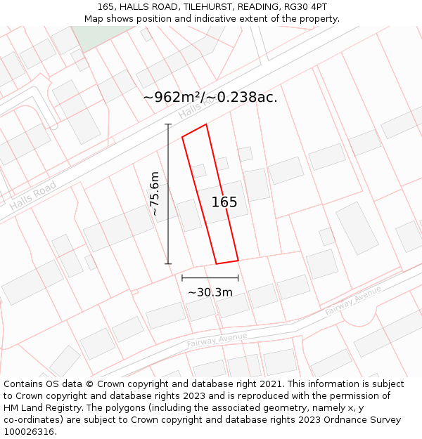 165, HALLS ROAD, TILEHURST, READING, RG30 4PT: Plot and title map