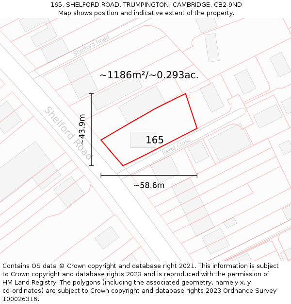 165, SHELFORD ROAD, TRUMPINGTON, CAMBRIDGE, CB2 9ND: Plot and title map
