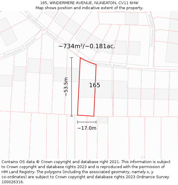 165, WINDERMERE AVENUE, NUNEATON, CV11 6HW: Plot and title map