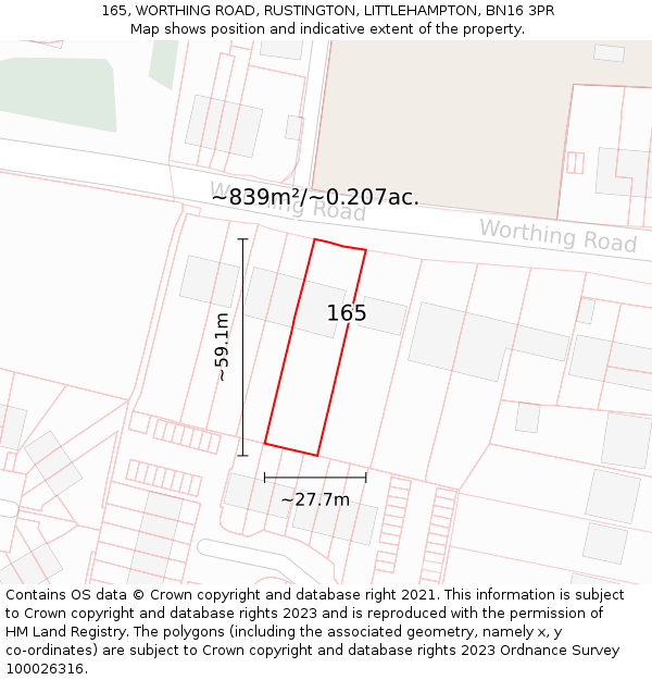 165, WORTHING ROAD, RUSTINGTON, LITTLEHAMPTON, BN16 3PR: Plot and title map
