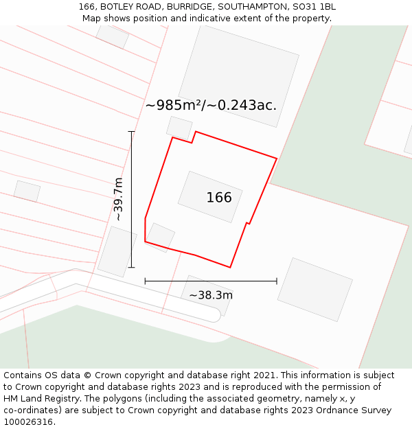 166, BOTLEY ROAD, BURRIDGE, SOUTHAMPTON, SO31 1BL: Plot and title map