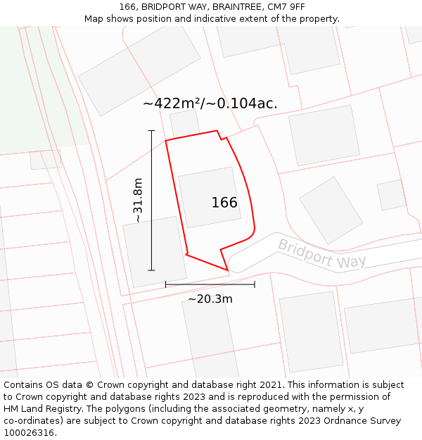 166, BRIDPORT WAY, BRAINTREE, CM7 9FF: Plot and title map
