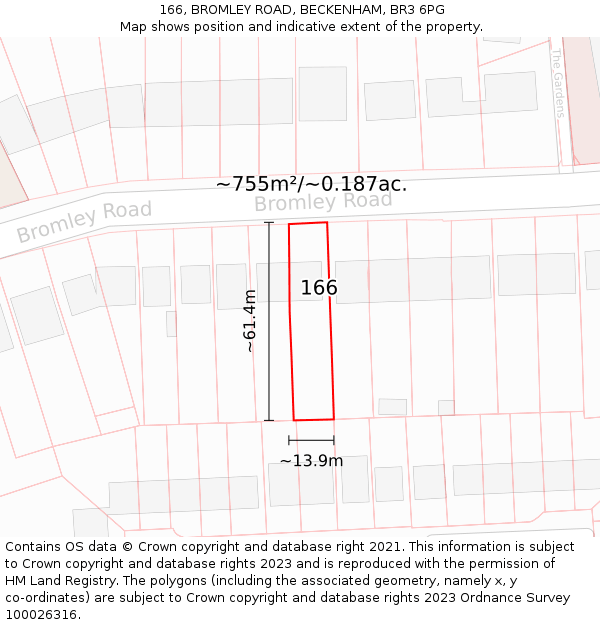 166, BROMLEY ROAD, BECKENHAM, BR3 6PG: Plot and title map