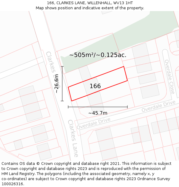 166, CLARKES LANE, WILLENHALL, WV13 1HT: Plot and title map