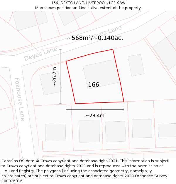 166, DEYES LANE, LIVERPOOL, L31 9AW: Plot and title map