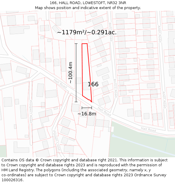 166, HALL ROAD, LOWESTOFT, NR32 3NR: Plot and title map