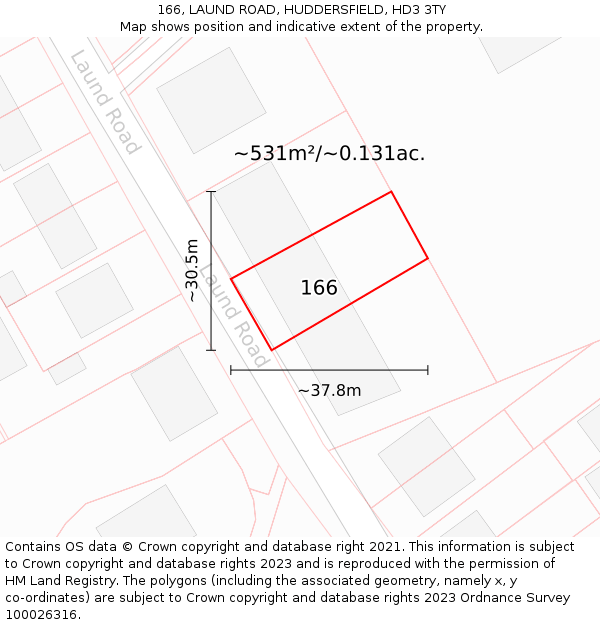 166, LAUND ROAD, HUDDERSFIELD, HD3 3TY: Plot and title map