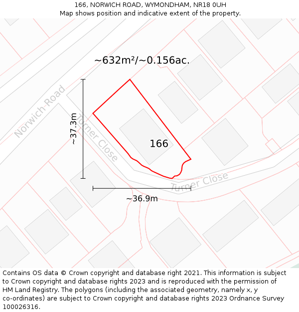 166, NORWICH ROAD, WYMONDHAM, NR18 0UH: Plot and title map