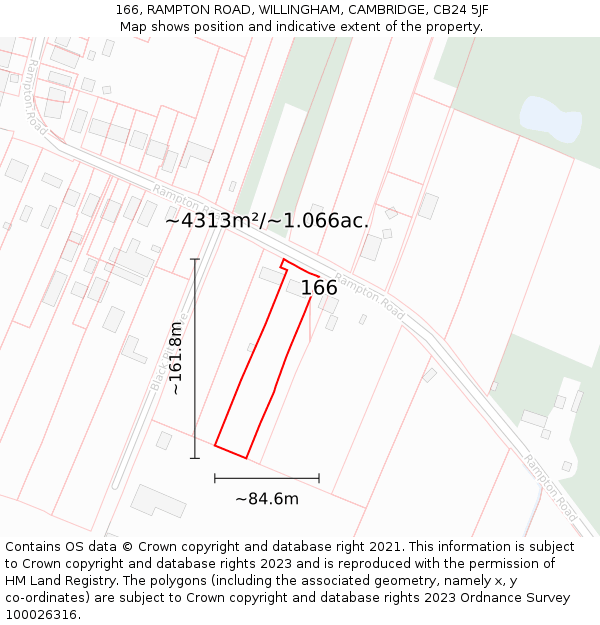 166, RAMPTON ROAD, WILLINGHAM, CAMBRIDGE, CB24 5JF: Plot and title map