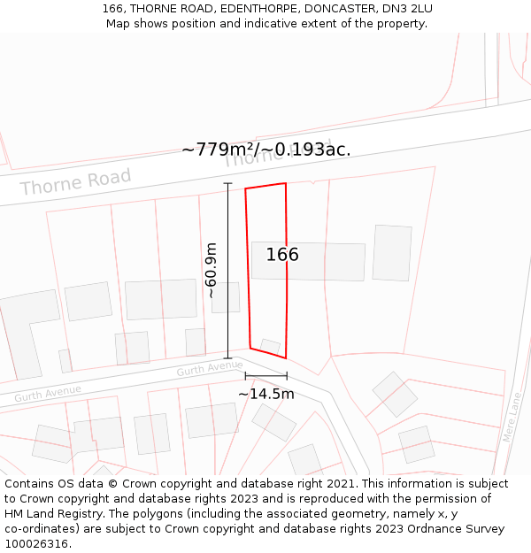 166, THORNE ROAD, EDENTHORPE, DONCASTER, DN3 2LU: Plot and title map