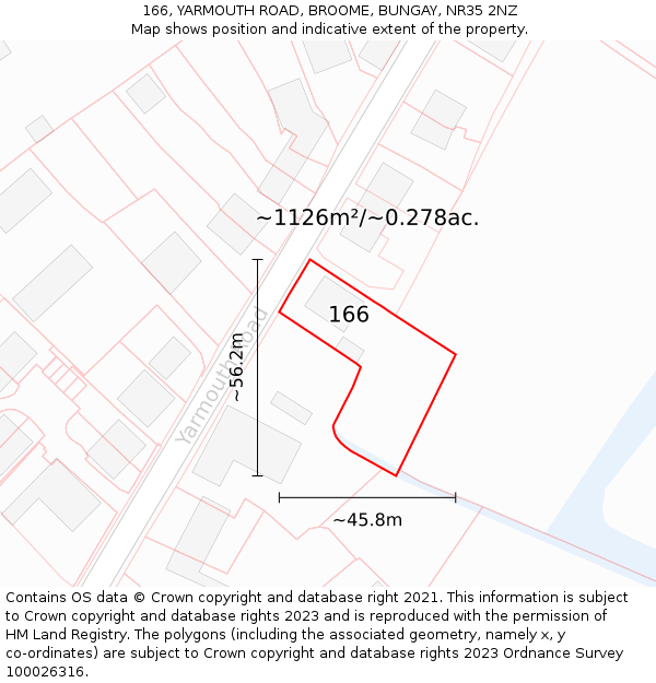 166, YARMOUTH ROAD, BROOME, BUNGAY, NR35 2NZ: Plot and title map