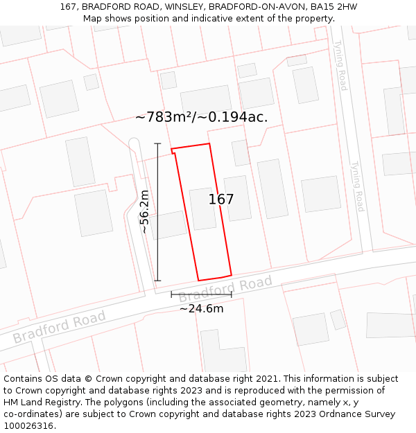 167, BRADFORD ROAD, WINSLEY, BRADFORD-ON-AVON, BA15 2HW: Plot and title map
