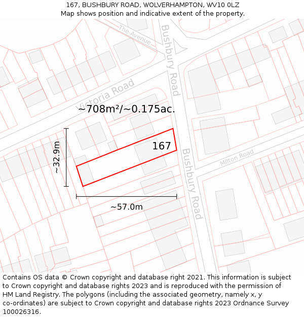 167, BUSHBURY ROAD, WOLVERHAMPTON, WV10 0LZ: Plot and title map