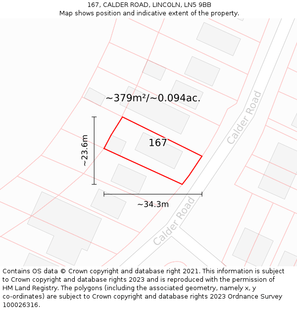 167, CALDER ROAD, LINCOLN, LN5 9BB: Plot and title map