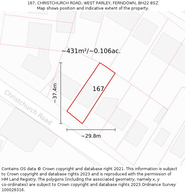 167, CHRISTCHURCH ROAD, WEST PARLEY, FERNDOWN, BH22 8SZ: Plot and title map