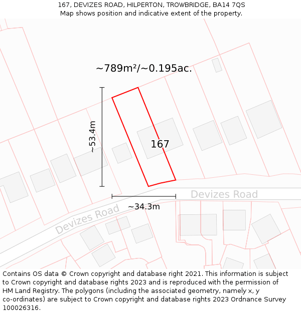 167, DEVIZES ROAD, HILPERTON, TROWBRIDGE, BA14 7QS: Plot and title map