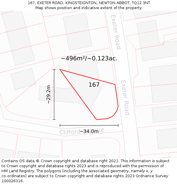 167, EXETER ROAD, KINGSTEIGNTON, NEWTON ABBOT, TQ12 3NT: Plot and title map