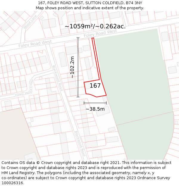 167, FOLEY ROAD WEST, SUTTON COLDFIELD, B74 3NY: Plot and title map