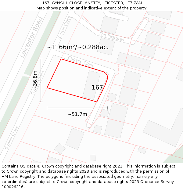 167, GYNSILL CLOSE, ANSTEY, LEICESTER, LE7 7AN: Plot and title map