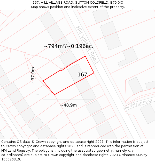 167, HILL VILLAGE ROAD, SUTTON COLDFIELD, B75 5JQ: Plot and title map