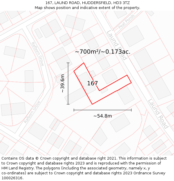167, LAUND ROAD, HUDDERSFIELD, HD3 3TZ: Plot and title map