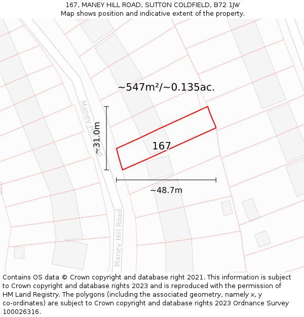 167, MANEY HILL ROAD, SUTTON COLDFIELD, B72 1JW: Plot and title map