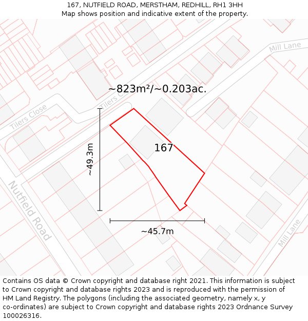 167, NUTFIELD ROAD, MERSTHAM, REDHILL, RH1 3HH: Plot and title map