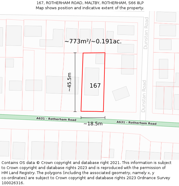 167, ROTHERHAM ROAD, MALTBY, ROTHERHAM, S66 8LP: Plot and title map