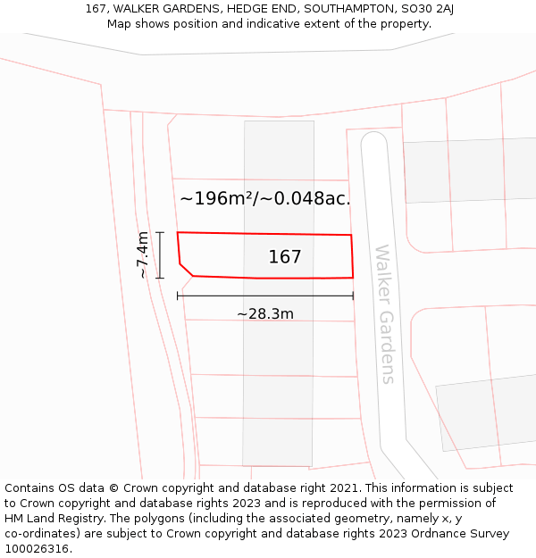 167, WALKER GARDENS, HEDGE END, SOUTHAMPTON, SO30 2AJ: Plot and title map