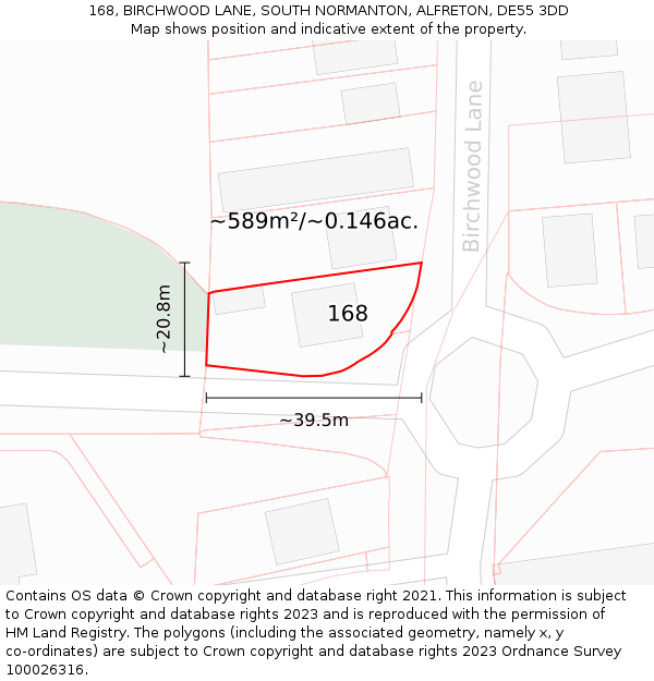 168, BIRCHWOOD LANE, SOUTH NORMANTON, ALFRETON, DE55 3DD: Plot and title map