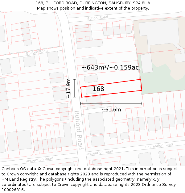 168, BULFORD ROAD, DURRINGTON, SALISBURY, SP4 8HA: Plot and title map