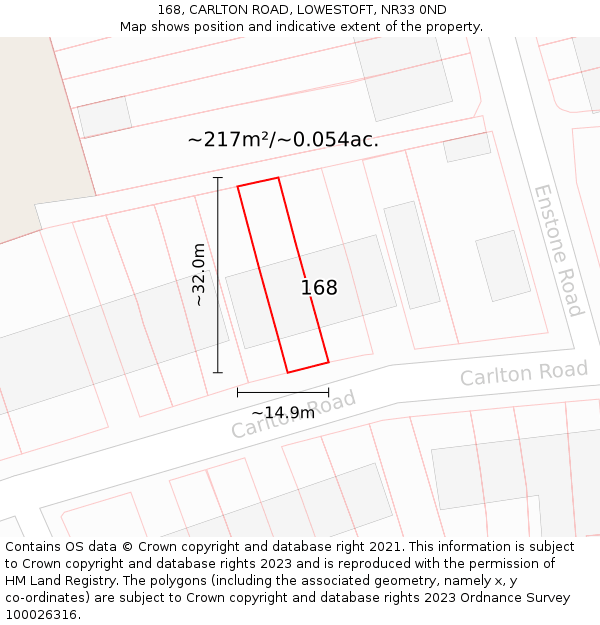 168, CARLTON ROAD, LOWESTOFT, NR33 0ND: Plot and title map