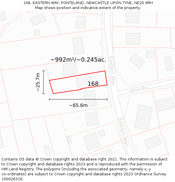 168, EASTERN WAY, PONTELAND, NEWCASTLE UPON TYNE, NE20 9RH: Plot and title map