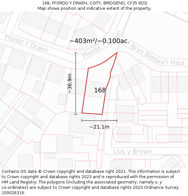 168, FFORDD Y DRAEN, COITY, BRIDGEND, CF35 6DQ: Plot and title map