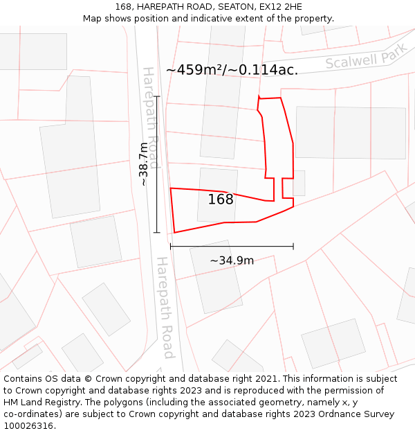 168, HAREPATH ROAD, SEATON, EX12 2HE: Plot and title map
