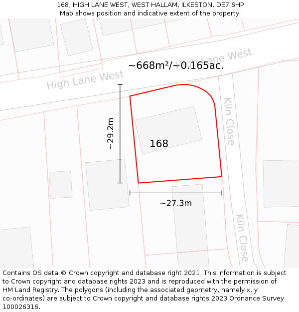 168, HIGH LANE WEST, WEST HALLAM, ILKESTON, DE7 6HP: Plot and title map