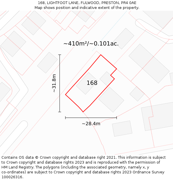 168, LIGHTFOOT LANE, FULWOOD, PRESTON, PR4 0AE: Plot and title map