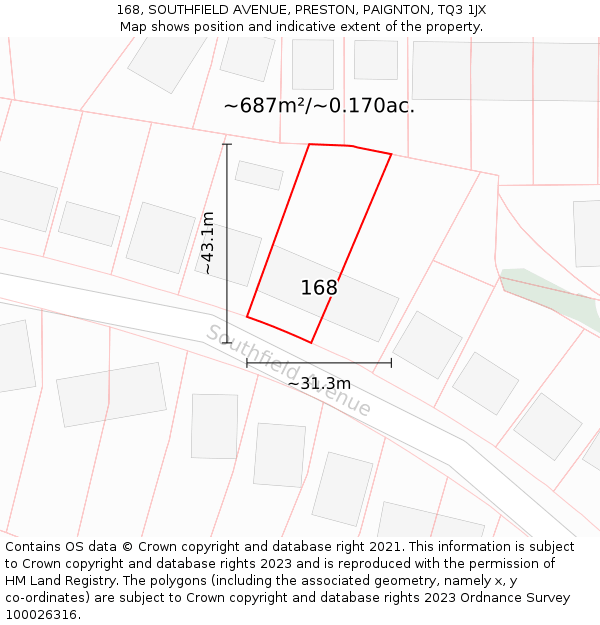 168, SOUTHFIELD AVENUE, PRESTON, PAIGNTON, TQ3 1JX: Plot and title map