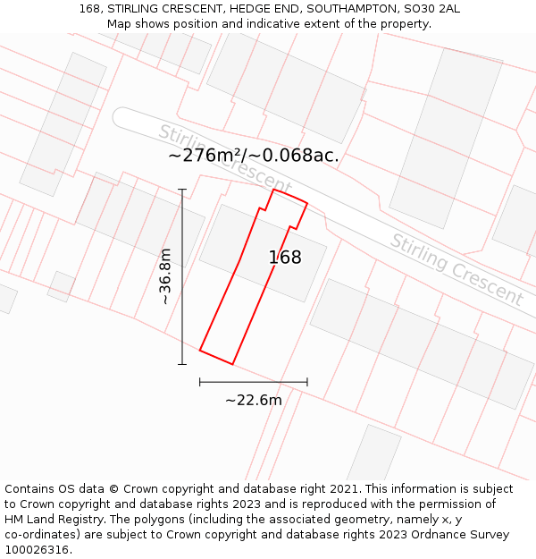 168, STIRLING CRESCENT, HEDGE END, SOUTHAMPTON, SO30 2AL: Plot and title map