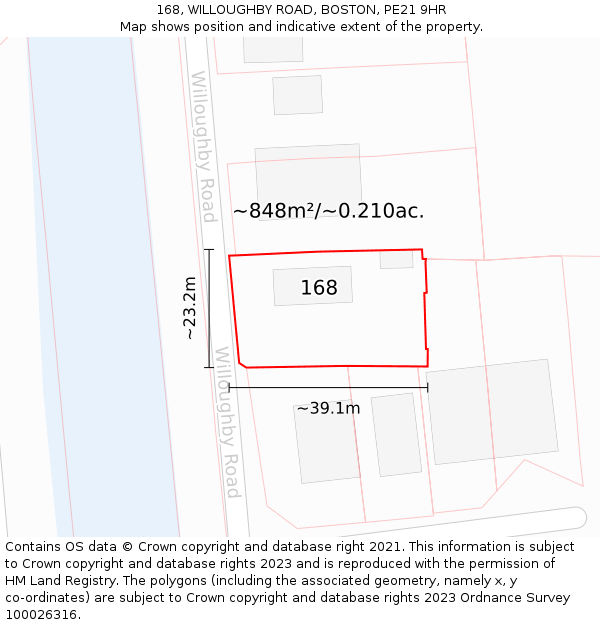 168, WILLOUGHBY ROAD, BOSTON, PE21 9HR: Plot and title map