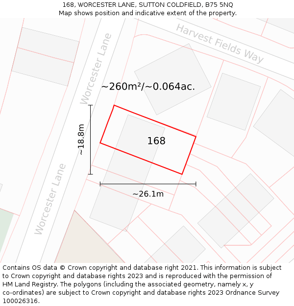 168, WORCESTER LANE, SUTTON COLDFIELD, B75 5NQ: Plot and title map