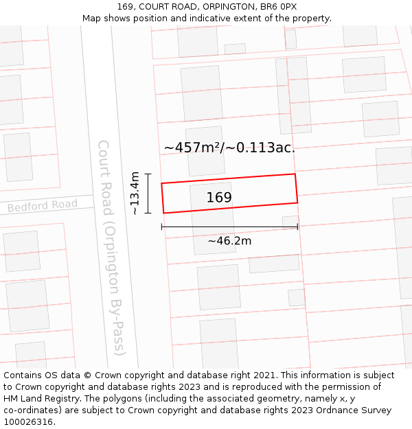 169, COURT ROAD, ORPINGTON, BR6 0PX: Plot and title map