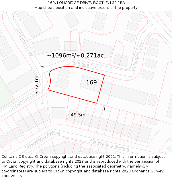 169, LONGRIDGE DRIVE, BOOTLE, L30 1RA: Plot and title map