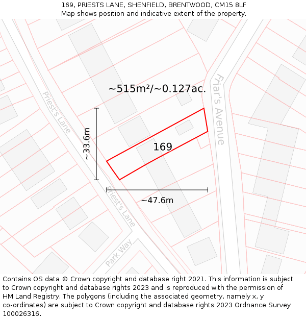 169, PRIESTS LANE, SHENFIELD, BRENTWOOD, CM15 8LF: Plot and title map