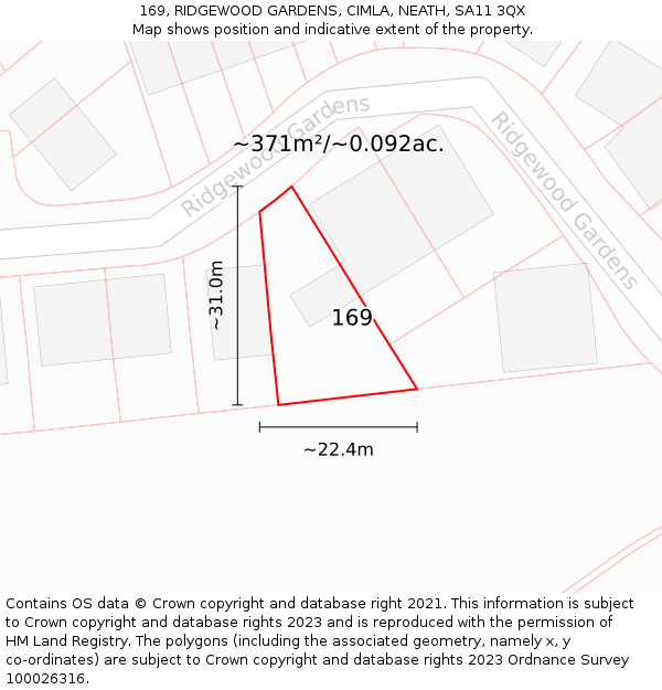 169, RIDGEWOOD GARDENS, CIMLA, NEATH, SA11 3QX: Plot and title map