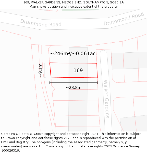 169, WALKER GARDENS, HEDGE END, SOUTHAMPTON, SO30 2AJ: Plot and title map