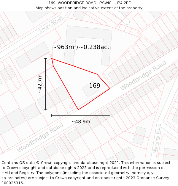 169, WOODBRIDGE ROAD, IPSWICH, IP4 2PE: Plot and title map