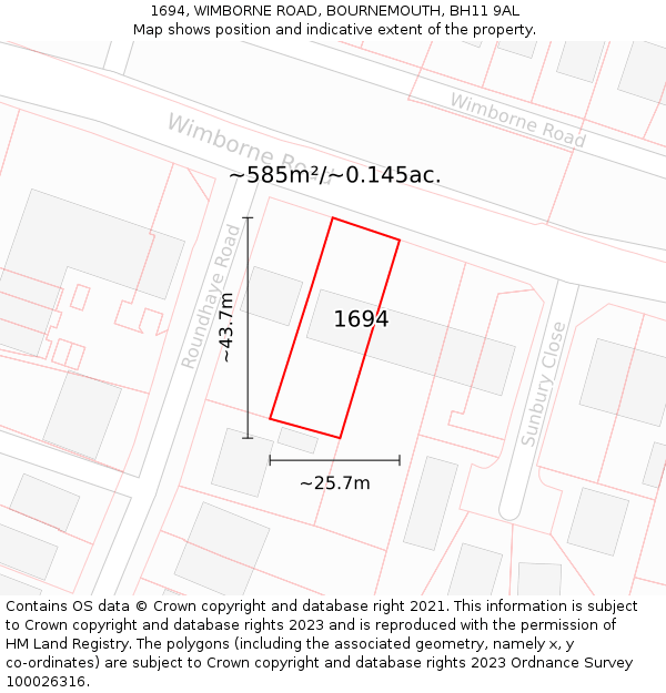 1694, WIMBORNE ROAD, BOURNEMOUTH, BH11 9AL: Plot and title map