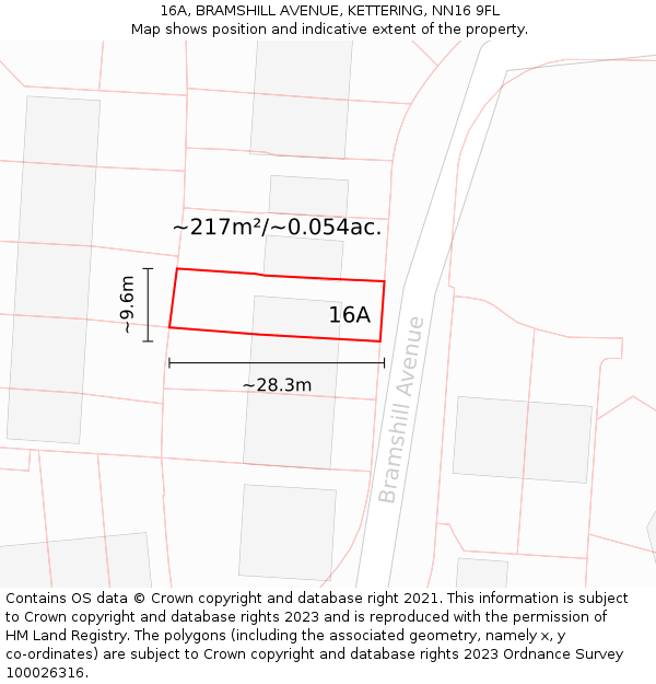 16A, BRAMSHILL AVENUE, KETTERING, NN16 9FL: Plot and title map