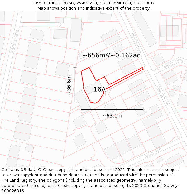 16A, CHURCH ROAD, WARSASH, SOUTHAMPTON, SO31 9GD: Plot and title map